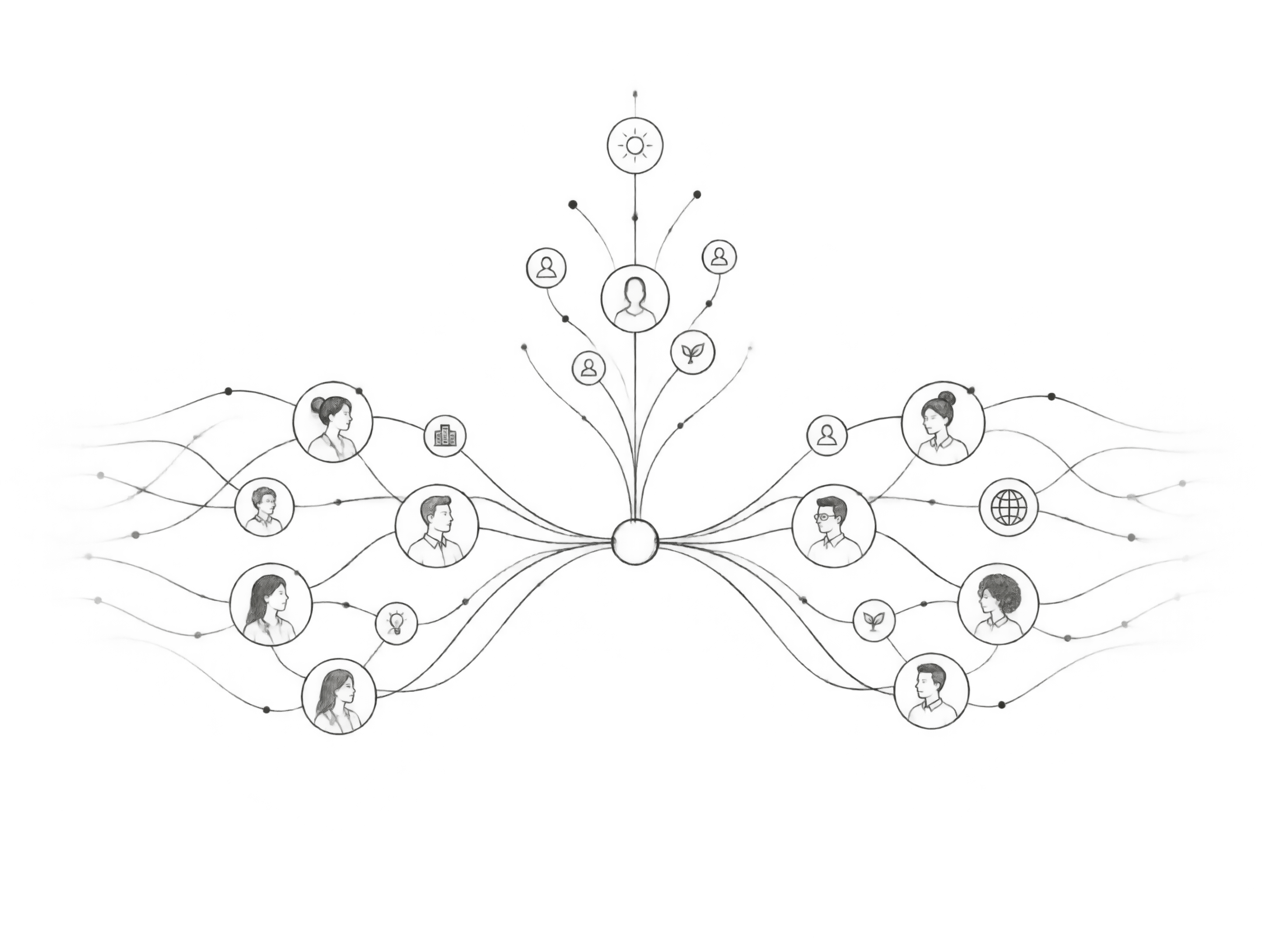 Minimal line drawing of two complementary organisations joining into shared momentum
