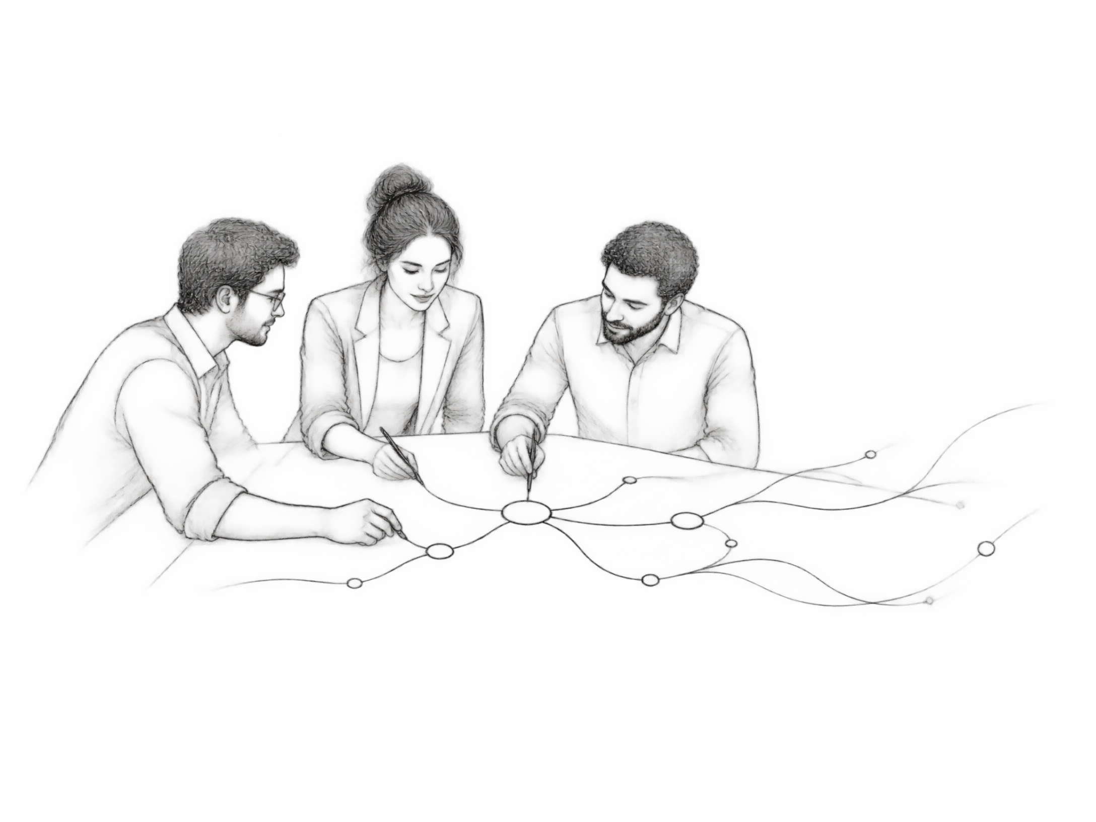 Minimal line drawing of a partnership workshop shaping a shared growth plan