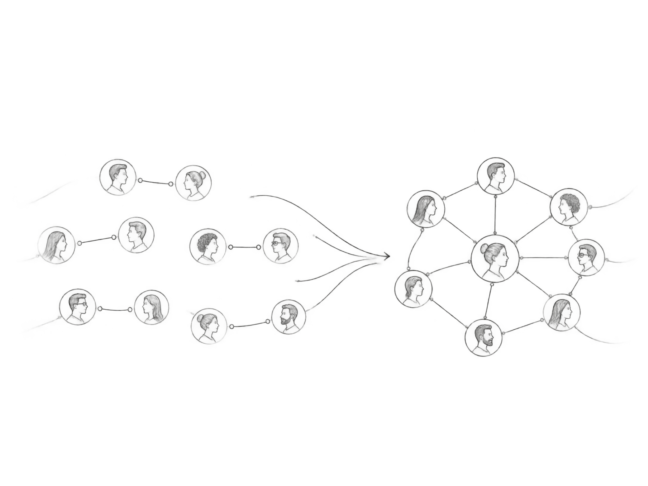 Minimal line drawing of scattered professional relationships becoming a shared company-owned system